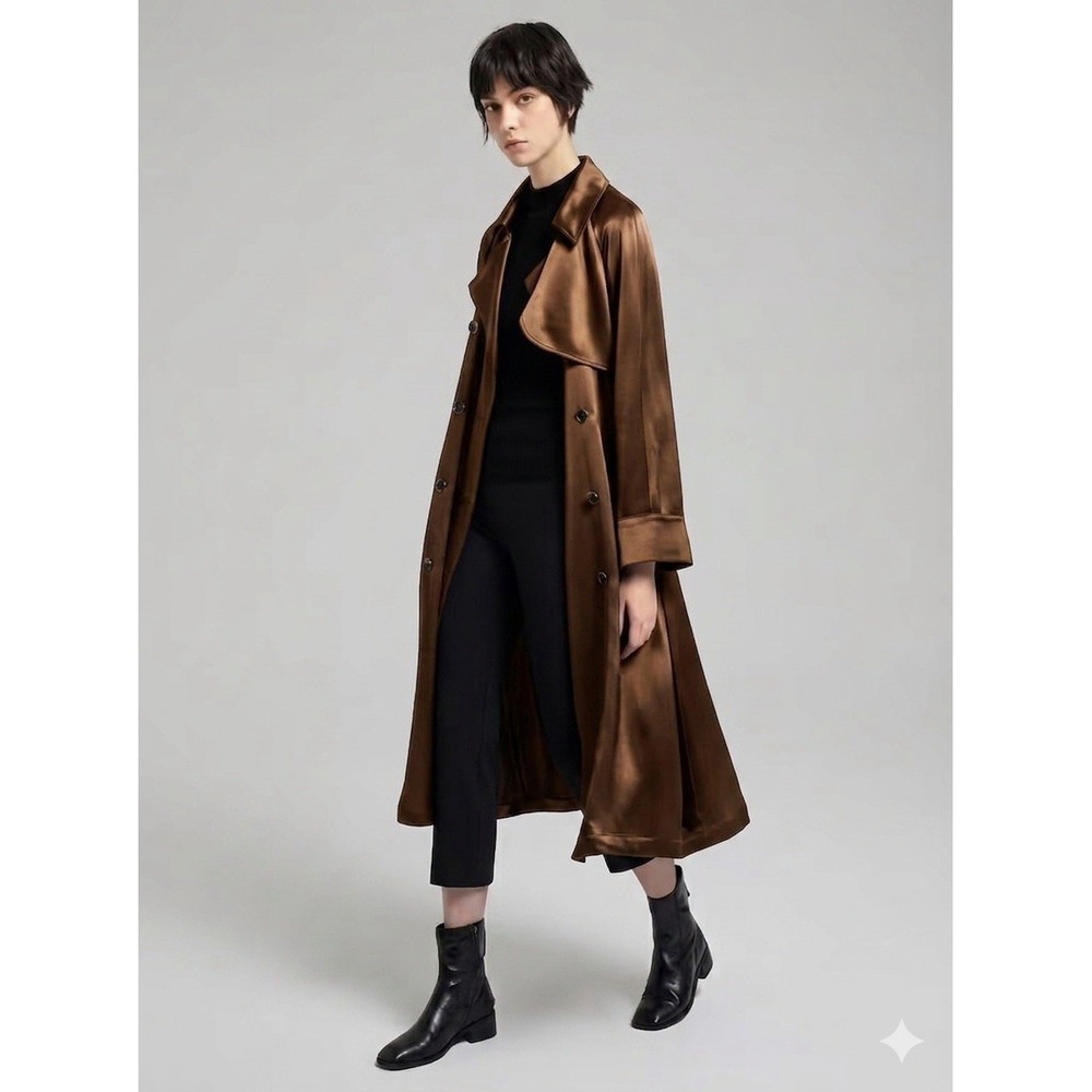 LATTELIER | Double Breasted Satin-Look Bronze Copper Trench Coat Women's M